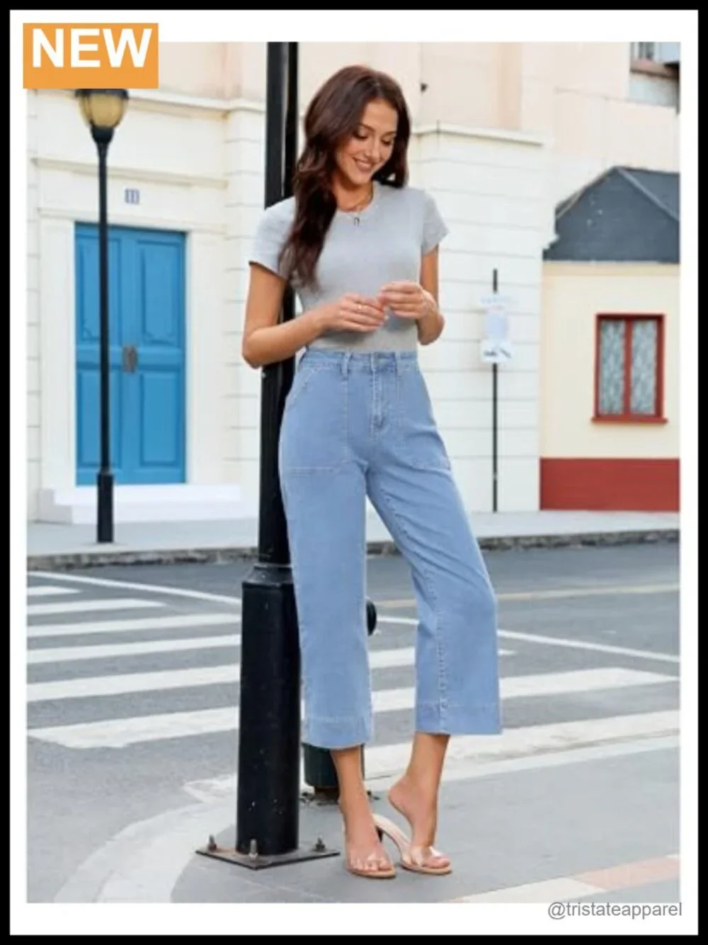 High Waisted Wide Leg Cropped Denim Capris with Pockets